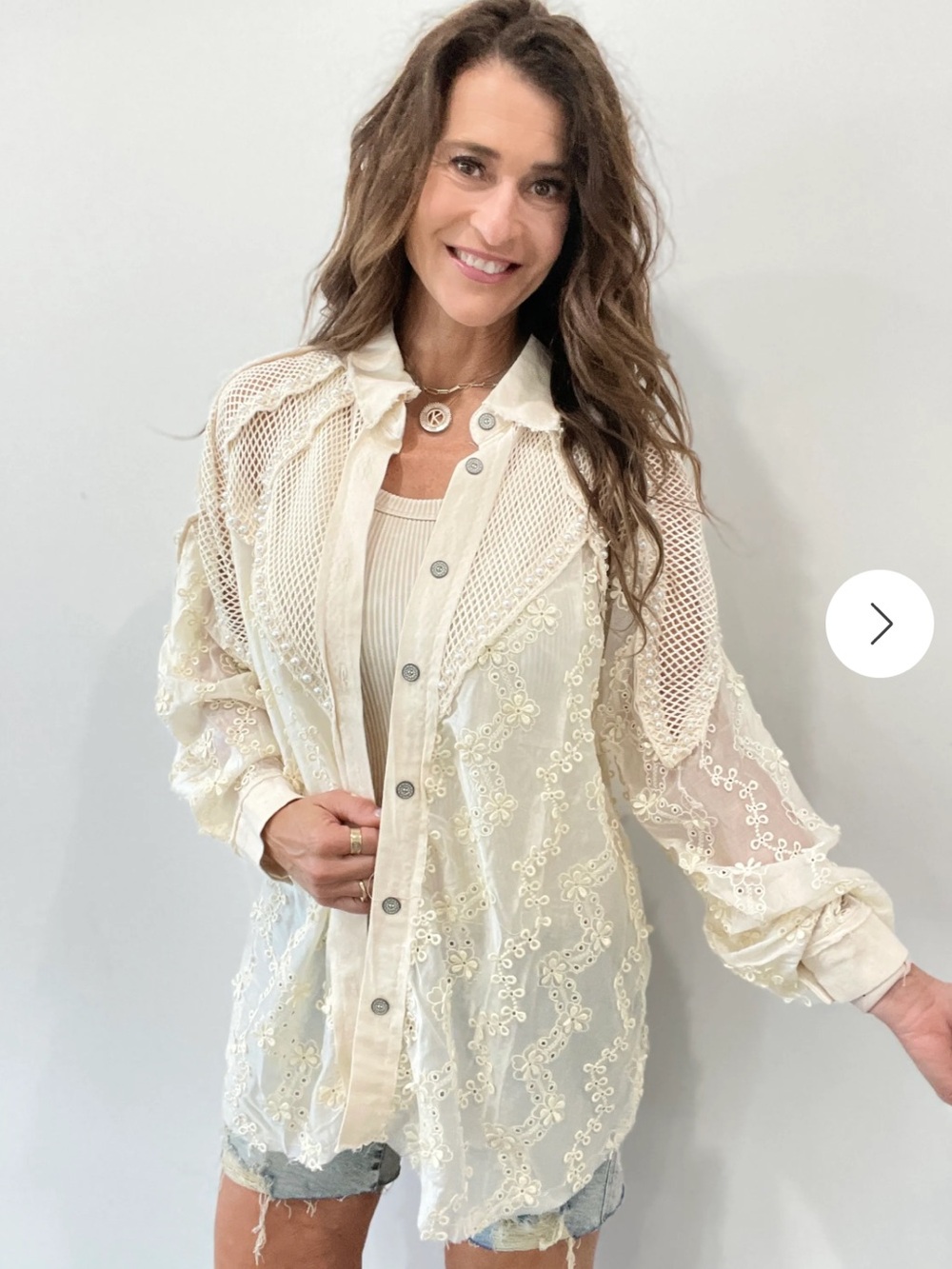 Cream Lace & Mesh Button-Up Shirt with pearls